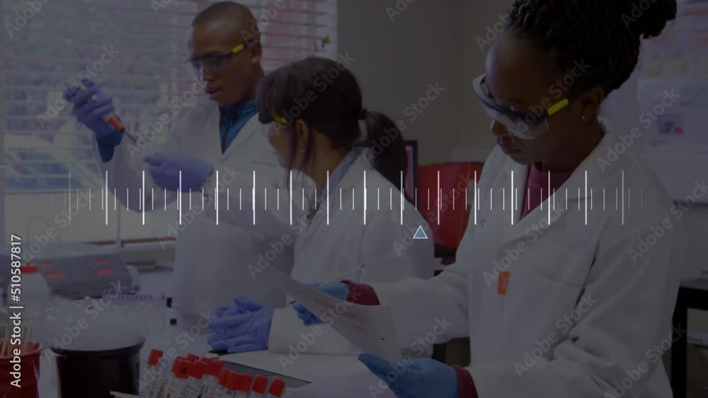 Poster animation of data processing over diverse scientists in lab