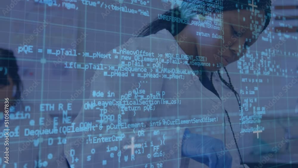 Poster animation of data processing over diverse scientists in lab