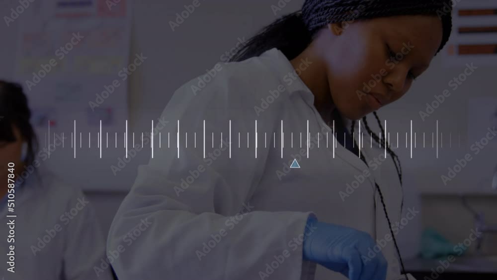 Poster animation of data processing over diverse scientists in lab