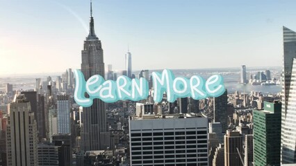 Animation of learn more text over cityscape - Powered by Adobe
