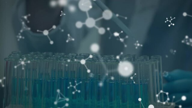 Animation of molecules over caucasian scientist in lab