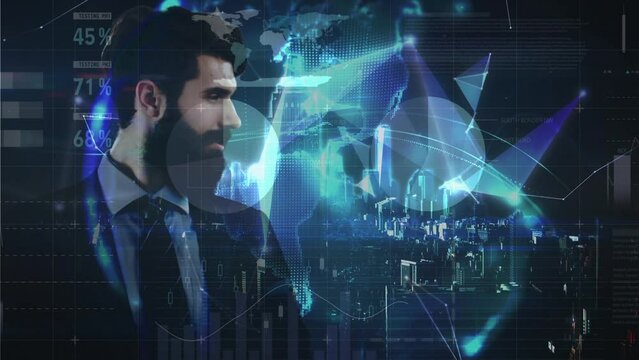 Animation of caucasian businessman over data processing