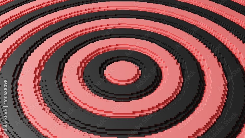 Poster 3d rendering of black and pink concentric circles, waves of pixel cubes. abstract 3d background illu