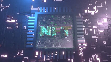 3d rendering of the processor and computer background of chips and processors with NFT text. The idea of digital technologies, art and a financial cryptocurrency system.