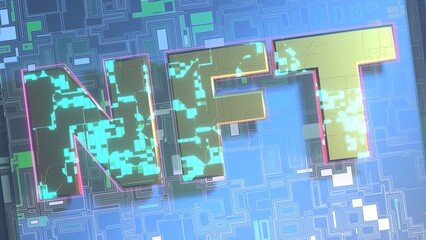 3d rendering of the computer background of chips and processors with the text of the NFT. The idea of digital technologies, art and a financial cryptocurrency system.