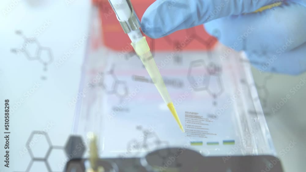 Poster animation of data processing and chemical formula over scientist in lab