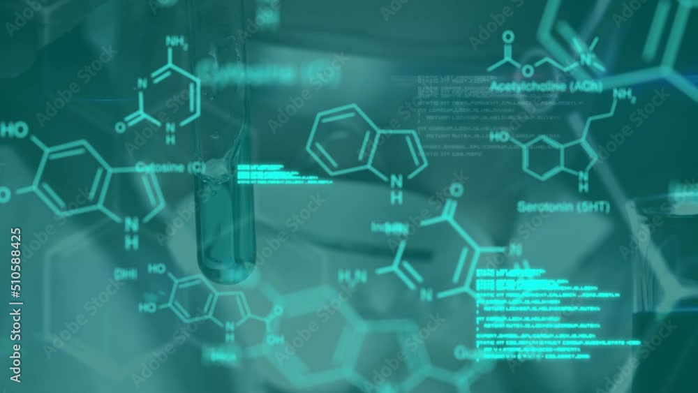 Poster animation of data processing and chemical formula over scientist in lab