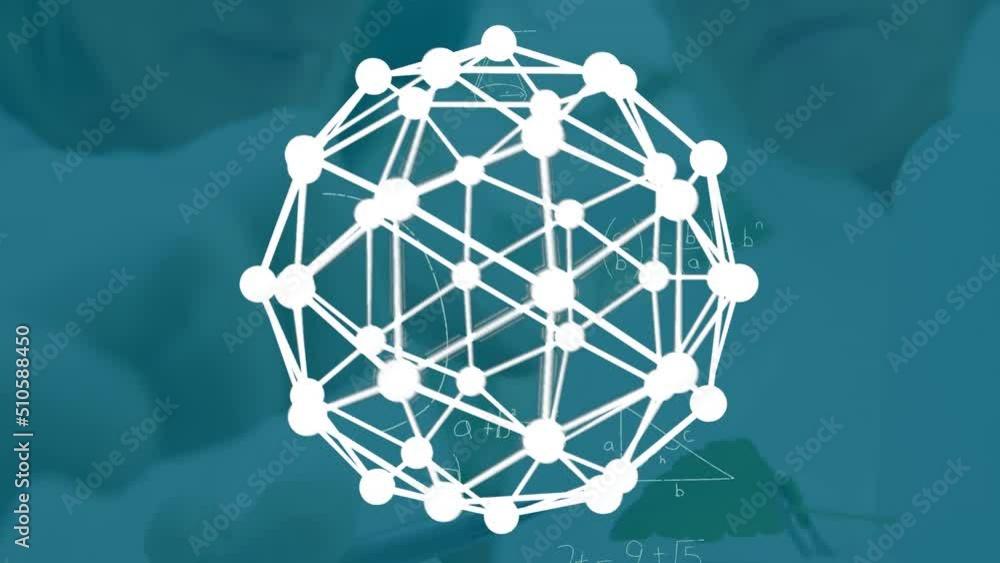 Poster animation of globe of connections and mathematical equations over diverse scientists in lab