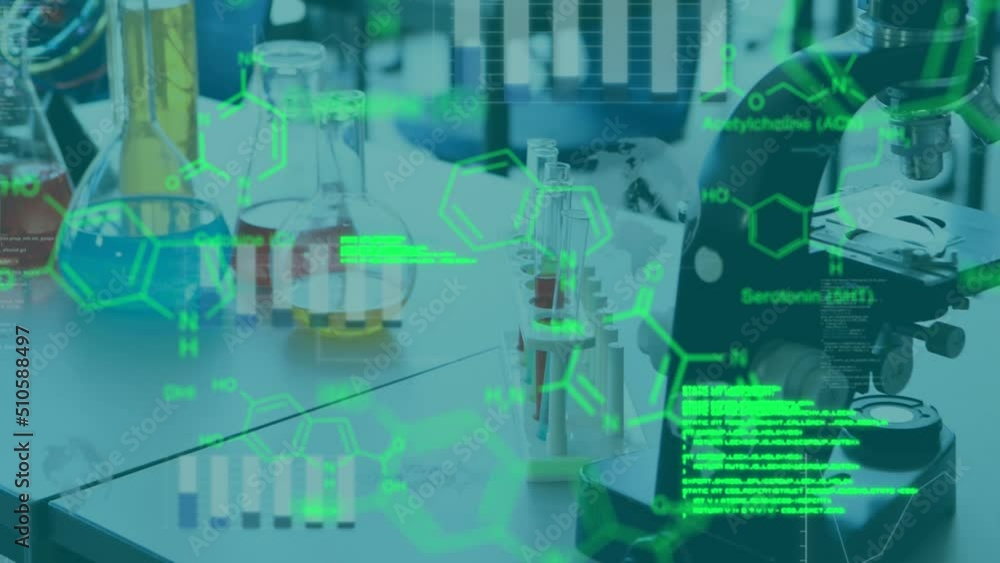 Poster animation of data processing and chemical formula over lab