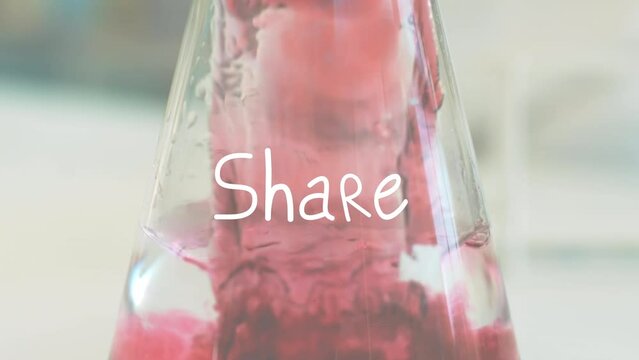 Animation of share text over beaker with liquid in lab