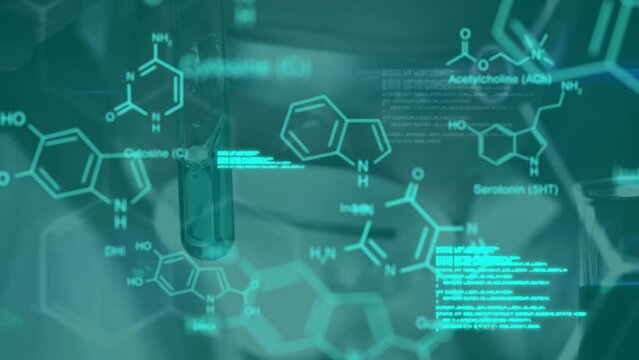 Animation of data processing and chemical formula over scientist in lab