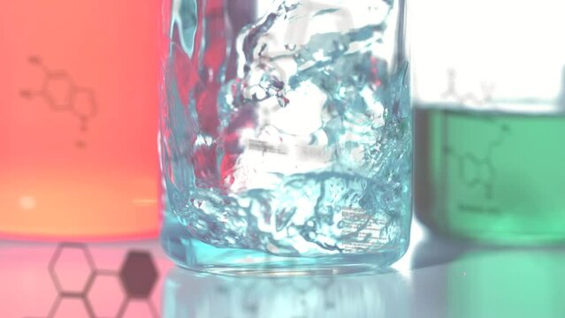 Animation of data processing and chemical formula over beakers with liquid in lab
