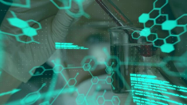 Animation of data processing and chemical formula over scientist in lab