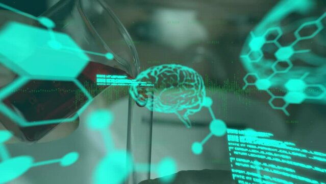 Animation of data processing and chemical formula over scientist in lab