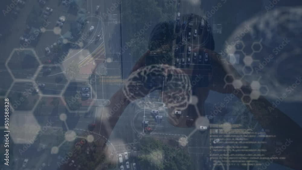 Aufkleber animation of scope scanning and data processing over biracial woman using vr headset
