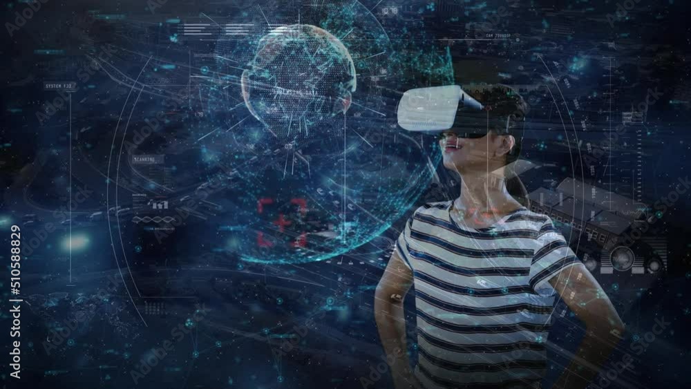 Poster animation of scope scanning and data processing over biracial woman using vr headset