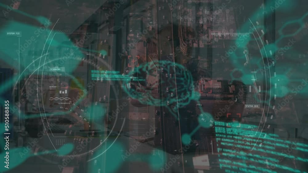 Poster animation of scope scanning and data processing over caucasian businessman using vr headset