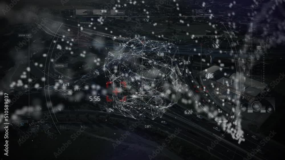 Poster animation of scope scanning and dna strand over cityscape