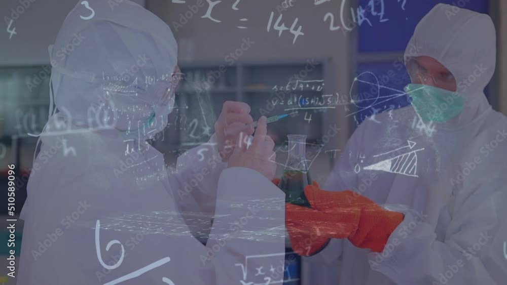 Poster animation of mathematical equations over diverse scientist in lab cityscape