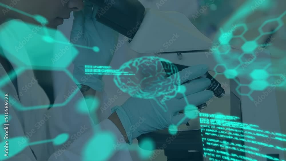 Poster animation of data processing over caucasian female scientist with microscope