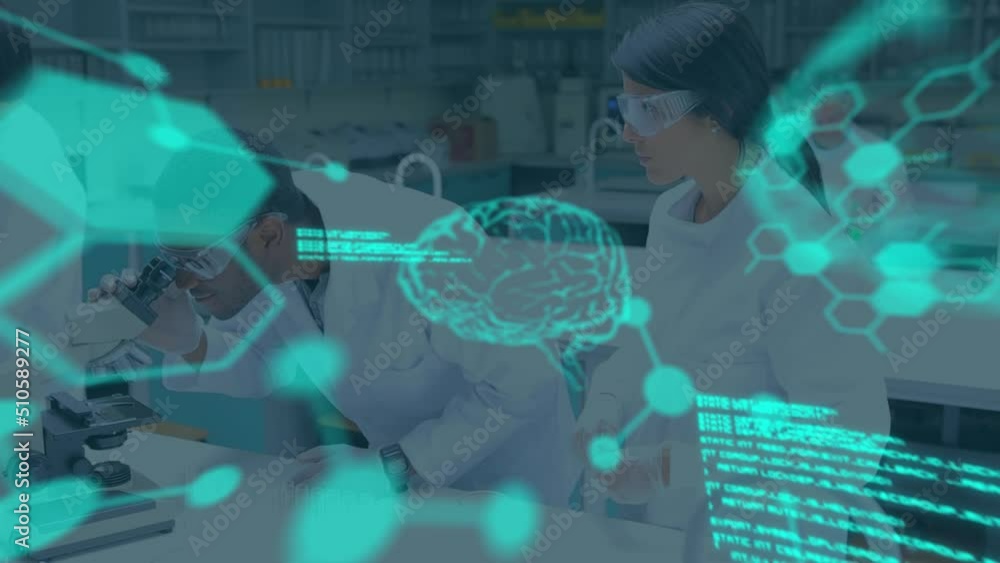 Poster animation of data processing over diverse male and female scientists using microscope