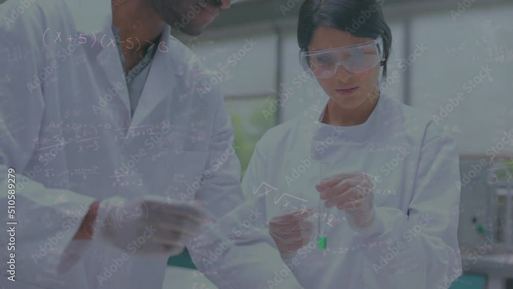 Poster animation of mathematical equations over diverse scientist in lab cityscape