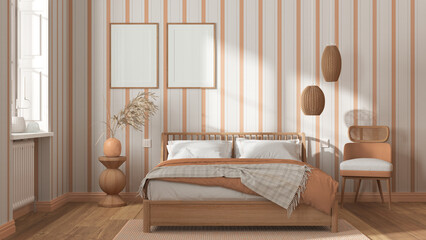 Scandinavian wooden bedroom in white and orange tones, frame mockup, double bed with pillows, duvet and blanket, striped wallpaper, carpet, table and armchair. Modern interior design