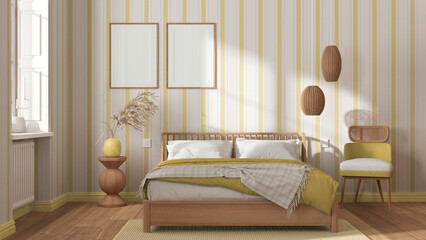 Scandinavian wooden bedroom in white and yellow tones, frame mockup, double bed with pillows, duvet and blanket, striped wallpaper, carpet, table and armchair. Modern interior design