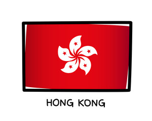 Flag of Hong Kong. Colorful Hong Kong flag logo. Red brush strokes, hand drawn. Black outline. Vector illustration