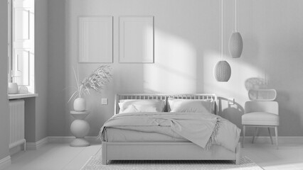 Total white project draft, scandinavian wooden bedroom, frame mockup, double bed with pillows, duvet and blanket, striped wallpaper, carpet, table and armchair. Modern interior design