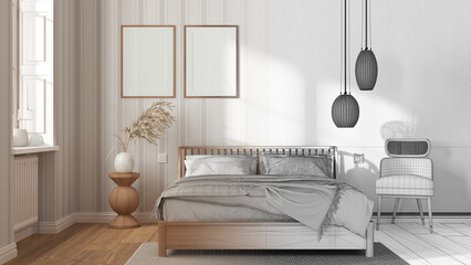 Architect interior designer concept: hand-drawn draft unfinished project that becomes real, bedroom, frame mockup, bed with pillows, striped wallpaper, carpet and armchair
