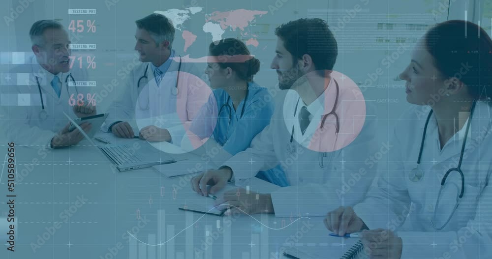 Aufkleber animation of data processing over diverse group of doctors