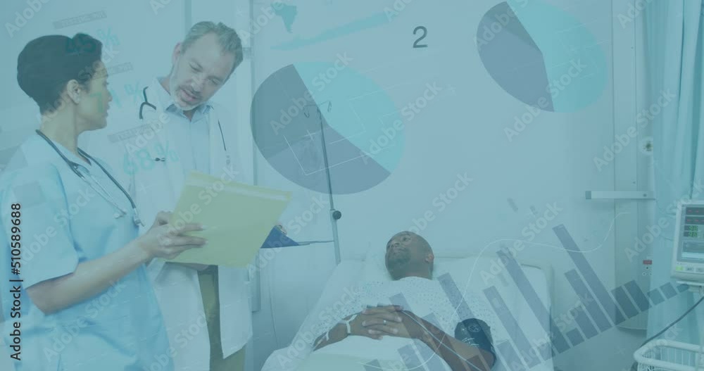 Poster animation of data processing over two diverse doctors with patient
