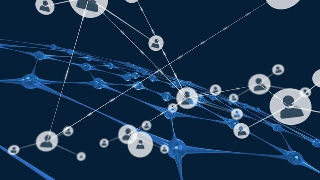 Animation of network of connections with icons over blue net