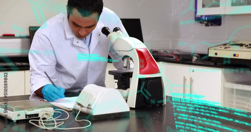 Poster animation of science data processing over male caucasian scientist