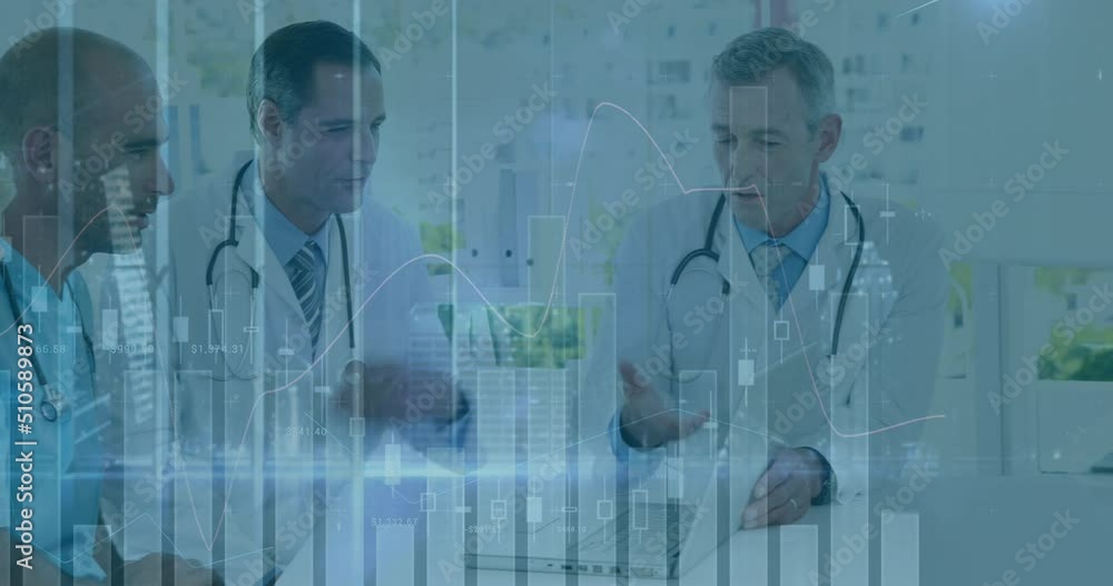 Aufkleber animation of data processing over diverse group of doctors