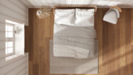 Obraz na płótnie Canvas Blurred background, scandinavian wooden bedroom, double bed with pillows, duvet and blanket, striped wallpaper, window and parquet. Top view, plan, above. Modern interior design