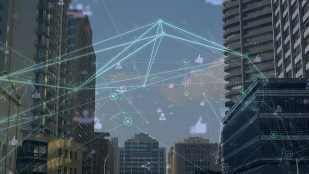 Animation of network of connections over cityscape