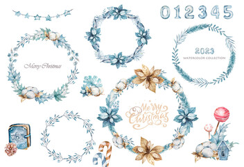 Merry Christmas watercolor illustration, frame for text. New Year's wreath. Winter greeting illustration. Numbers, holiday set isolated on white background