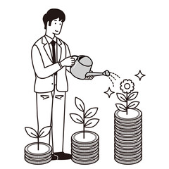 お金を育てる男性のシンプルなイラスト