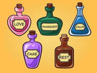 Medicine bottles with love calm rest care and awareness pop art retro raster illustration. Psychological drugs metaphor. Comic book style imitation.