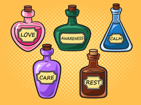 Medicine bottles with love calm rest care and awareness pop art retro raster illustration. Psychological drugs metaphor. Comic book style imitation.