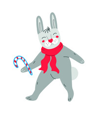 Funny cartoon rabbit in red scarf with candy cane.. Vector illustration on a white background 