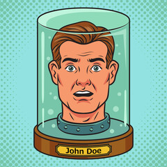 head in jar fantastic exhibit pop art retro raster illustration. Comic book style imitation.