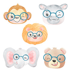 cute watercolor wildlife animal wearing eyeglasses, nerdy woodland lion, monkey, bear, hippo, elephant nursery hand drawn illustration vector