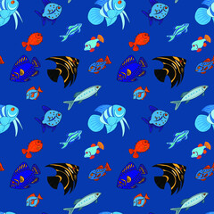 Fototapeta na wymiar Seamless blue pattern marine and aquarium fish
