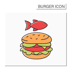 Sandwich color icon. Tasty burger with lettuce, onion, tomatoes and fried meat. Delicious dish from cafe. Fast food concept. Isolated vector illustration