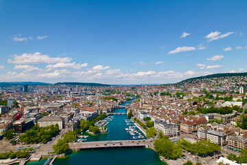 Aerial view of City of Zürich with Quay Bridge, River Limmat, Bellevue Square and the medieval old town on a sunny spring day. Photo taken May 30th, 2022, Zurich, Switzerland.