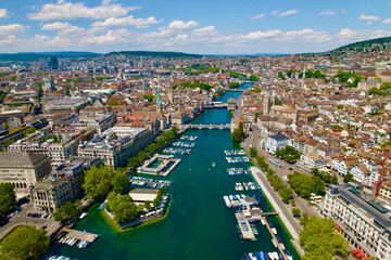 Aerial view of City of Zürich with Lake Zürich, River Limmat and the medieval old town on a sunny spring day. Photo taken May 30th, 2022, Zurich, Switzerland.
