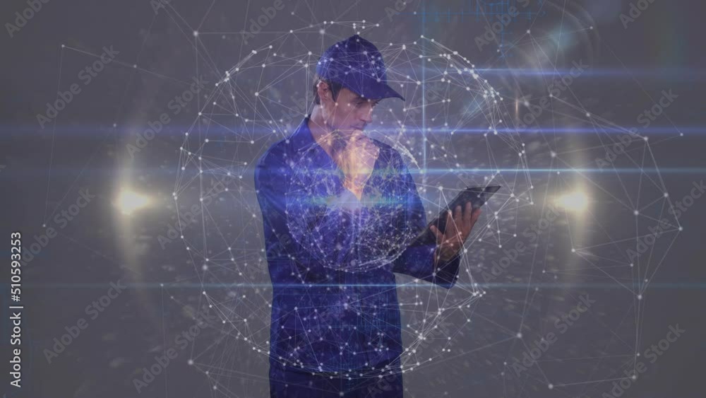 Poster globe of network of connections against thoughtful caucasian worker using digital tablet